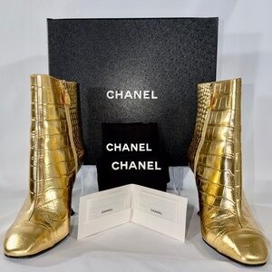 CHANEL Gold Croc Embossed Ankle Boots 10 Metallic Leather, Box, Dust Bags Incl.